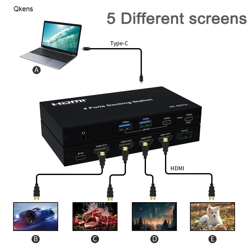 4K 60Hz Laptop PC Type C To DP HDMI Screen Extend Copy Mode Docking Station Same Different Display W/ 10Gbps USB 3.0 Hub 100W PD