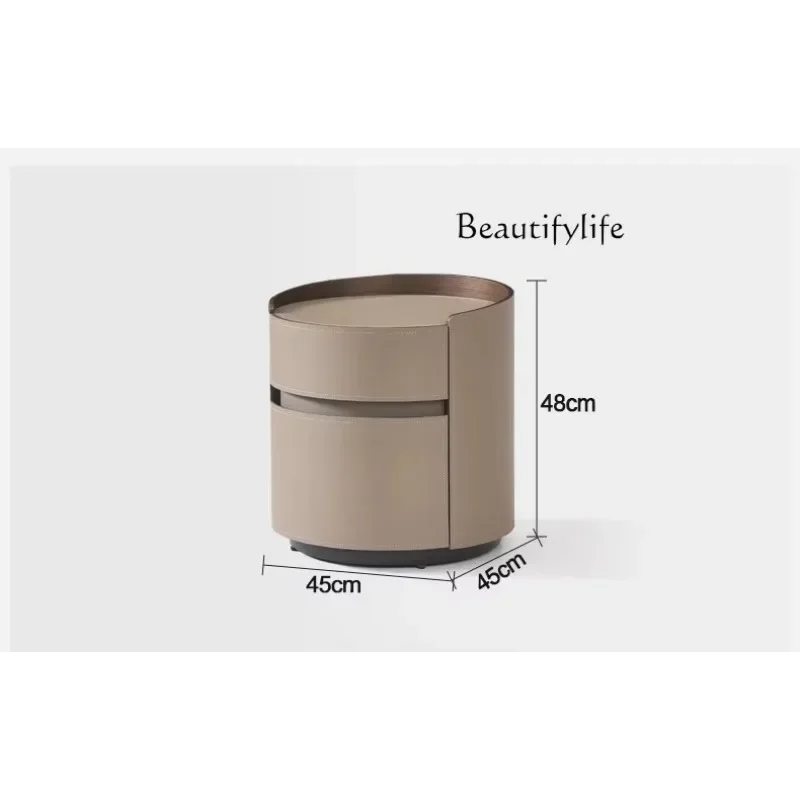 NN W طاولة بجانب السرير مصنوعة من الجلد الإيطالي البسيط بتصميم دائري إبداعي لغرفة النوم وخزانة تخزين فاخرة #6