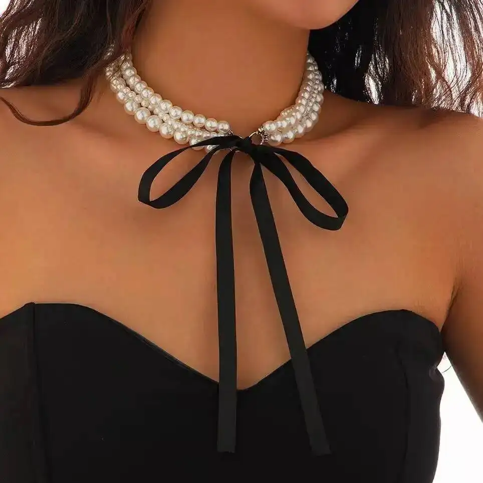 PuRui Trendy Elegante Multilayer Imitation Perle Kette Halskette Frauen Romantische Schwarz Samt Band Bogen Halsband Mi Braut Schmuck