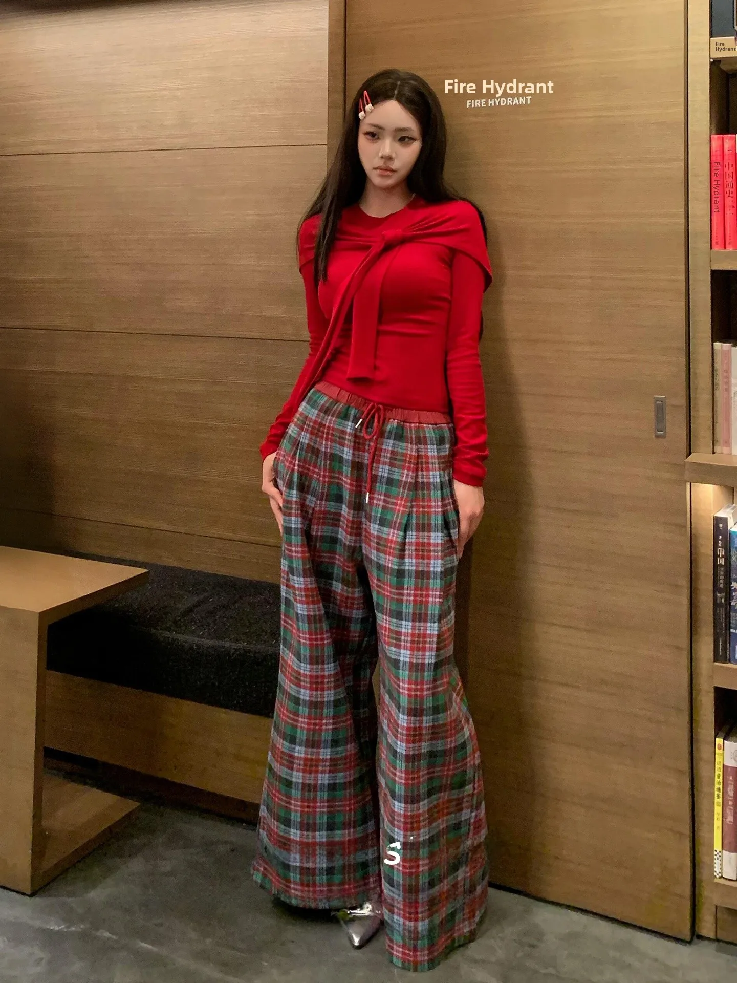 

American Sle Vintage Plaid Pants Women Early Spring High Waist Slim Wide Leg Loose Straight Drapey Long Trousers