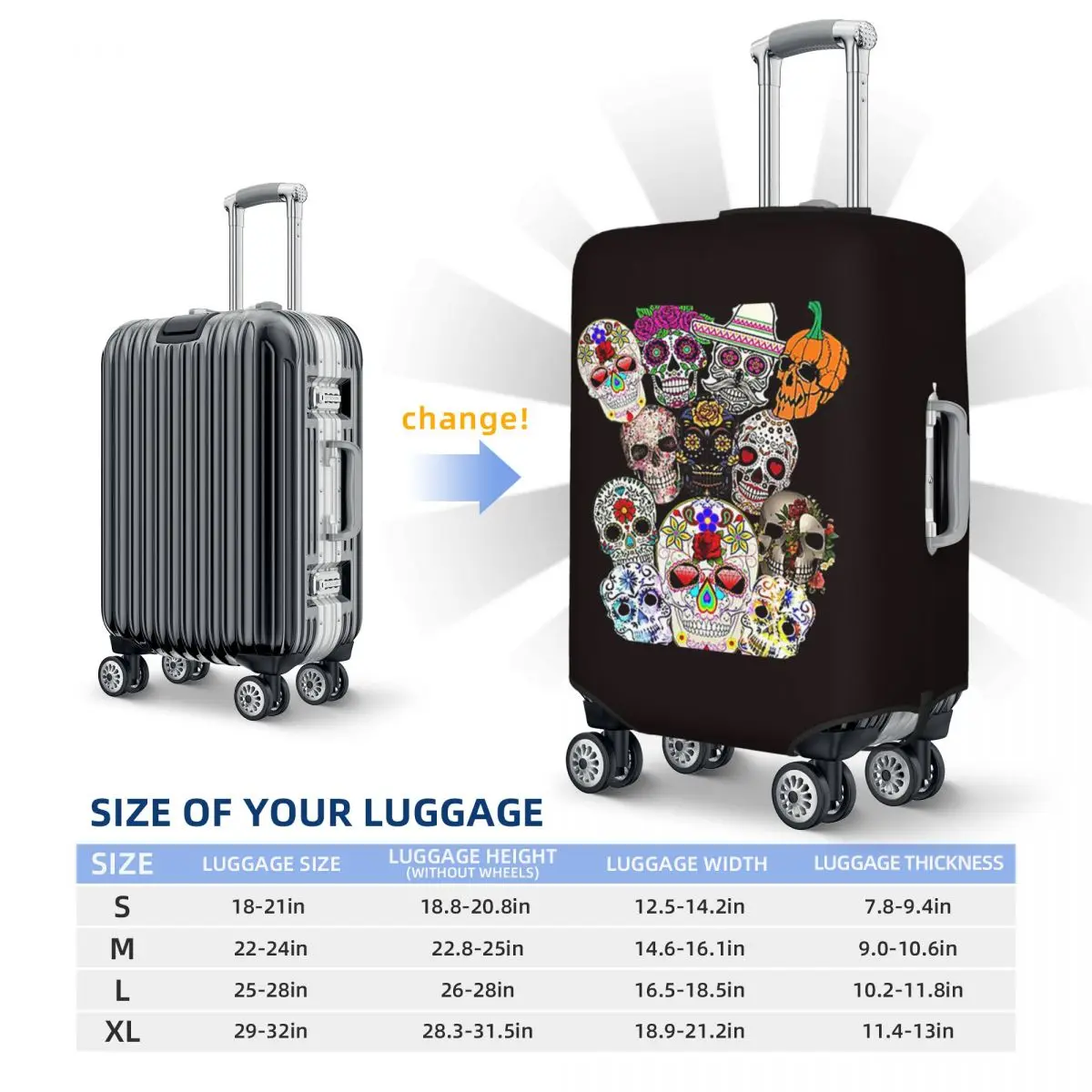 Day Of The Dead アート メキシカン シュガースカル スーツケースカバー 保護弾性旅行荷物プロテクターカバー 18-32インチ用