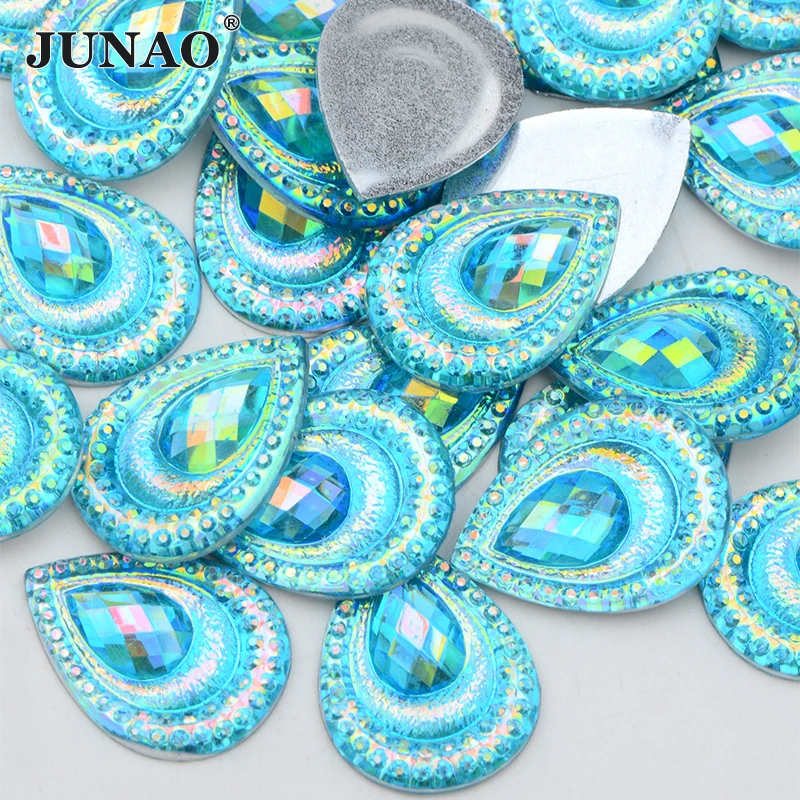 JUNAO 7*21mm 13*18mm 18*25mm Aquamarine AB Resin Teardrop Rhinestones Flat Back Crystal Stones Glue On Strass For DIY Clothes