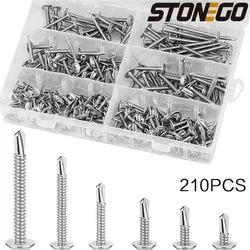 STONEGO 1Set/210Pcs 410 Stainless Steel Large Flat Head Drill Tail Screw Self-tapping Screw Screw Drill Screw Kit Set