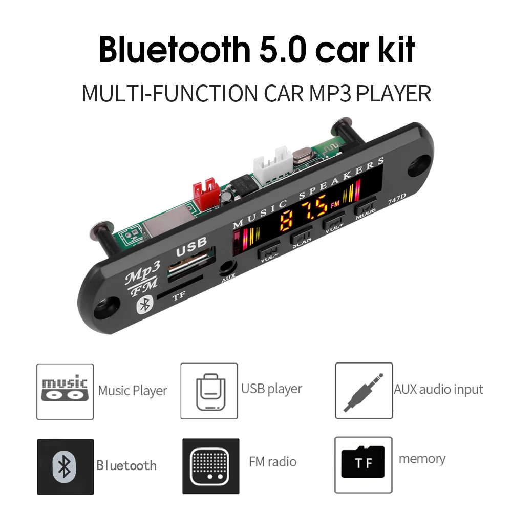 DC 12V Bluetooth 5.0 Car Kit Wireless MP3 Decoder Board Audio WMA Car Music Player Module Lossless Audio USB AUX TF FM Radio