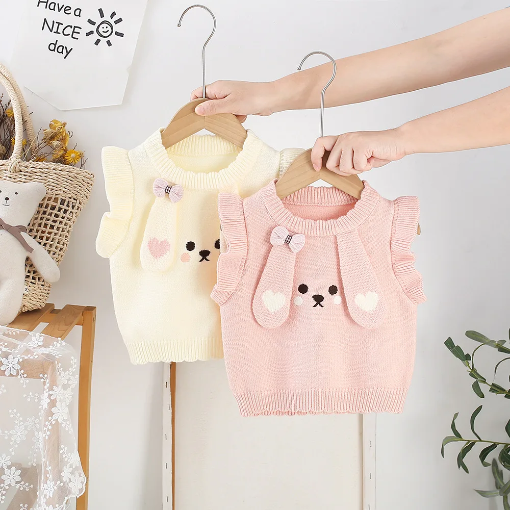 2 Colors Autumn Baby Girls Knit Vest Kids Cute Cartoon Pullover Sweater Pink Knitted Vest for Girl 1-3Y