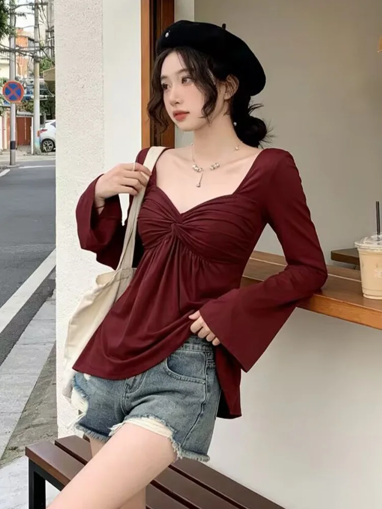 

HH Woman Fashion V-Neck Knot Decoration Long Sleeves Waist Tops Female Versatile Commuting Zipper Pleated Summer Solid T-shirt
