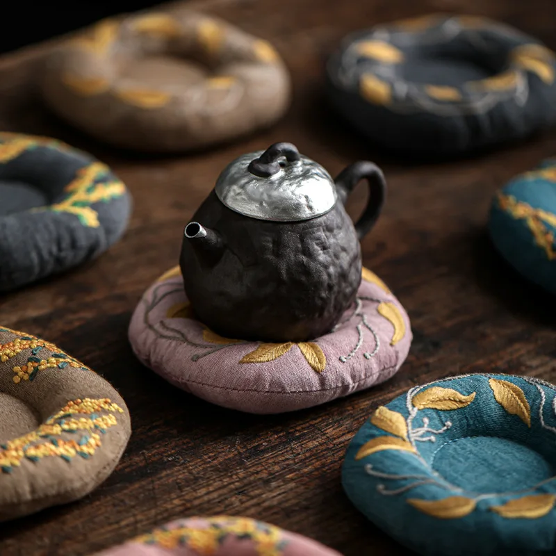 Embroidered Cotton Padded Tea Coaster Donut Pot Holder Chinese Style Use Home Tea Room Desk Mat Pad Cloth Cup Bowl Ware Art