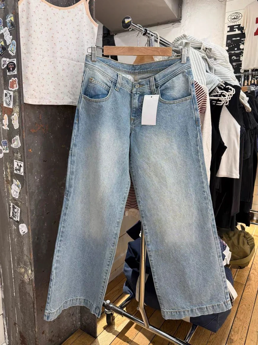 バックレター刺繍ジーンズ女性の夏の新綿ストレートズボン女性アメリカンヴィンテージストリートロングデニムパンツ Y2k