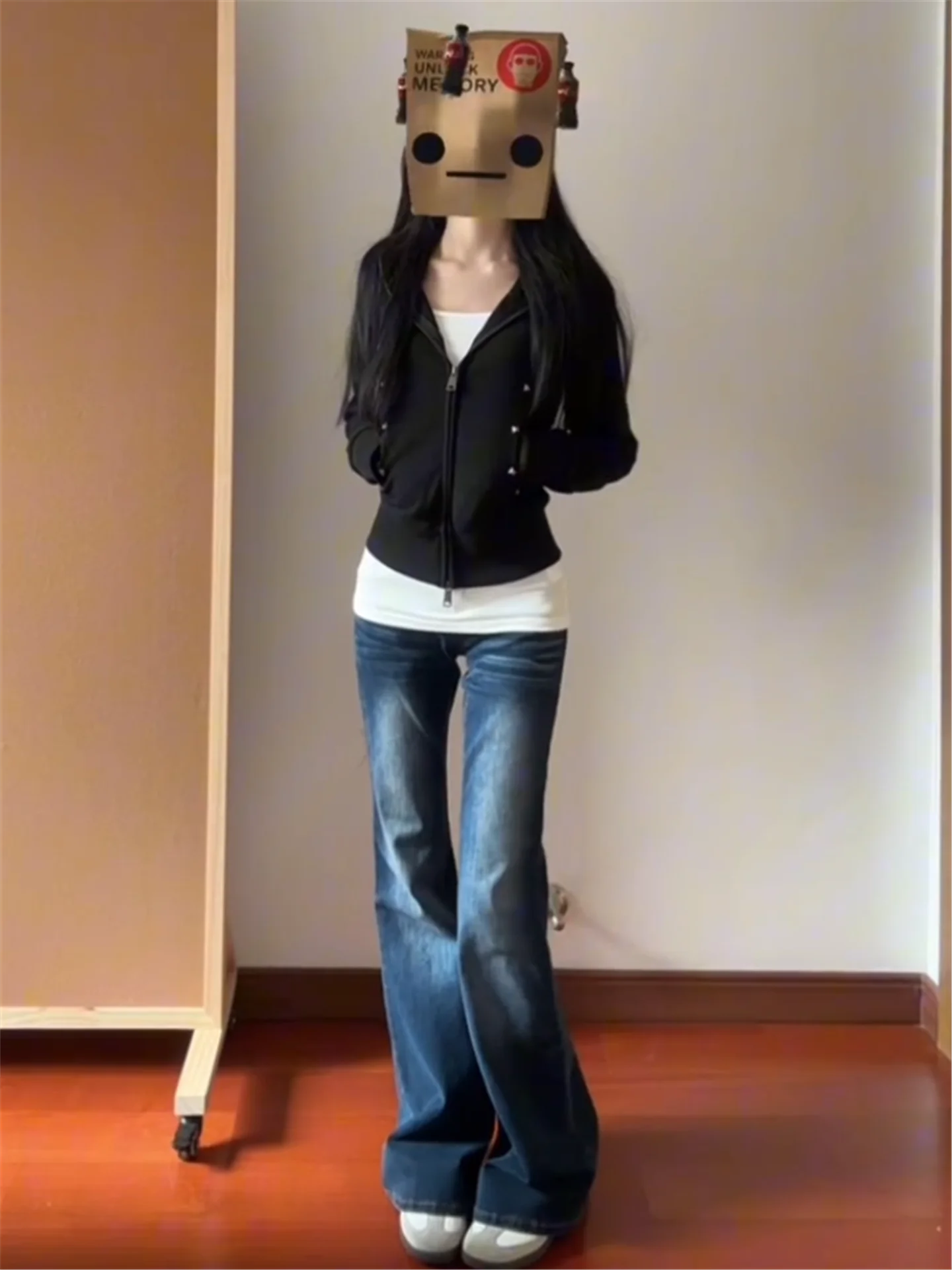 

Extended Low Waist Bell Bottom Jeans Women's Slimming Vintage Design Spring Fashion High Waist Wide Leg Pants Casual Cotton