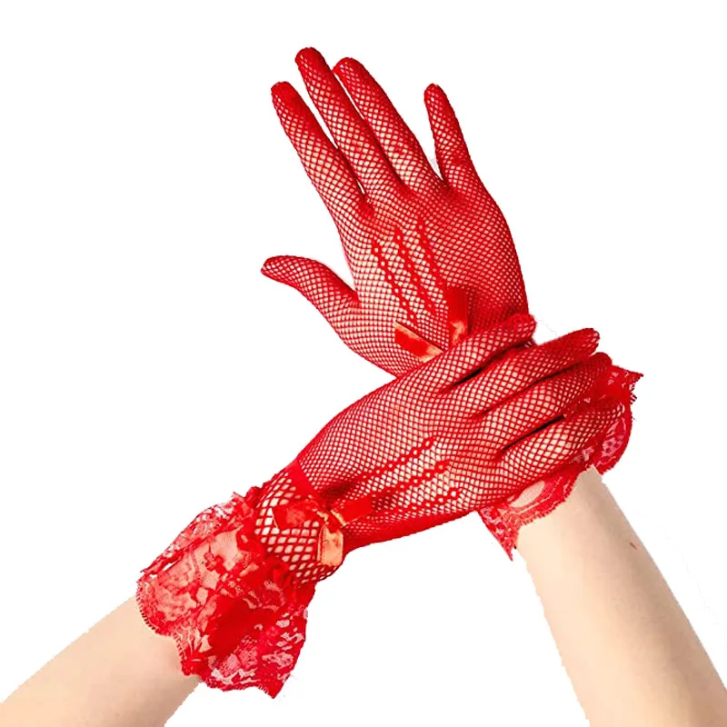 Gloves Wedding Bridal Lace Net Rhinestone Bow Elastic Cutout White Lightweight Elegant Formal Ceremony Banquet Accessory