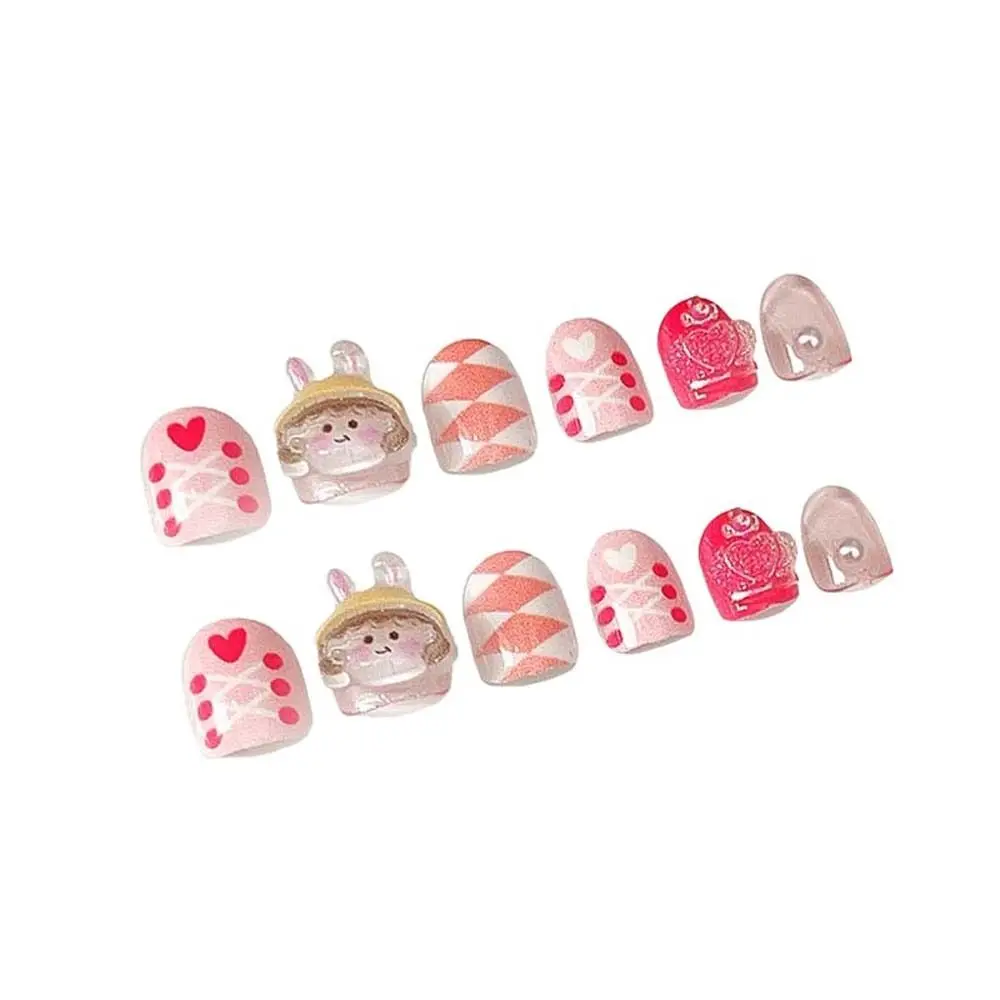 12Pcs/set Flowers Children False Nails Love Heart Short Square Shaped Fake Nail Extension Nail Supplies Bowknot
