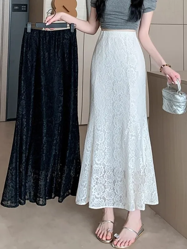 Fashionable Lace A-Line Skirt Women's High Waist Slim Fit Sexy Slimming Long Skirt Spring Summer Pure Desire Style