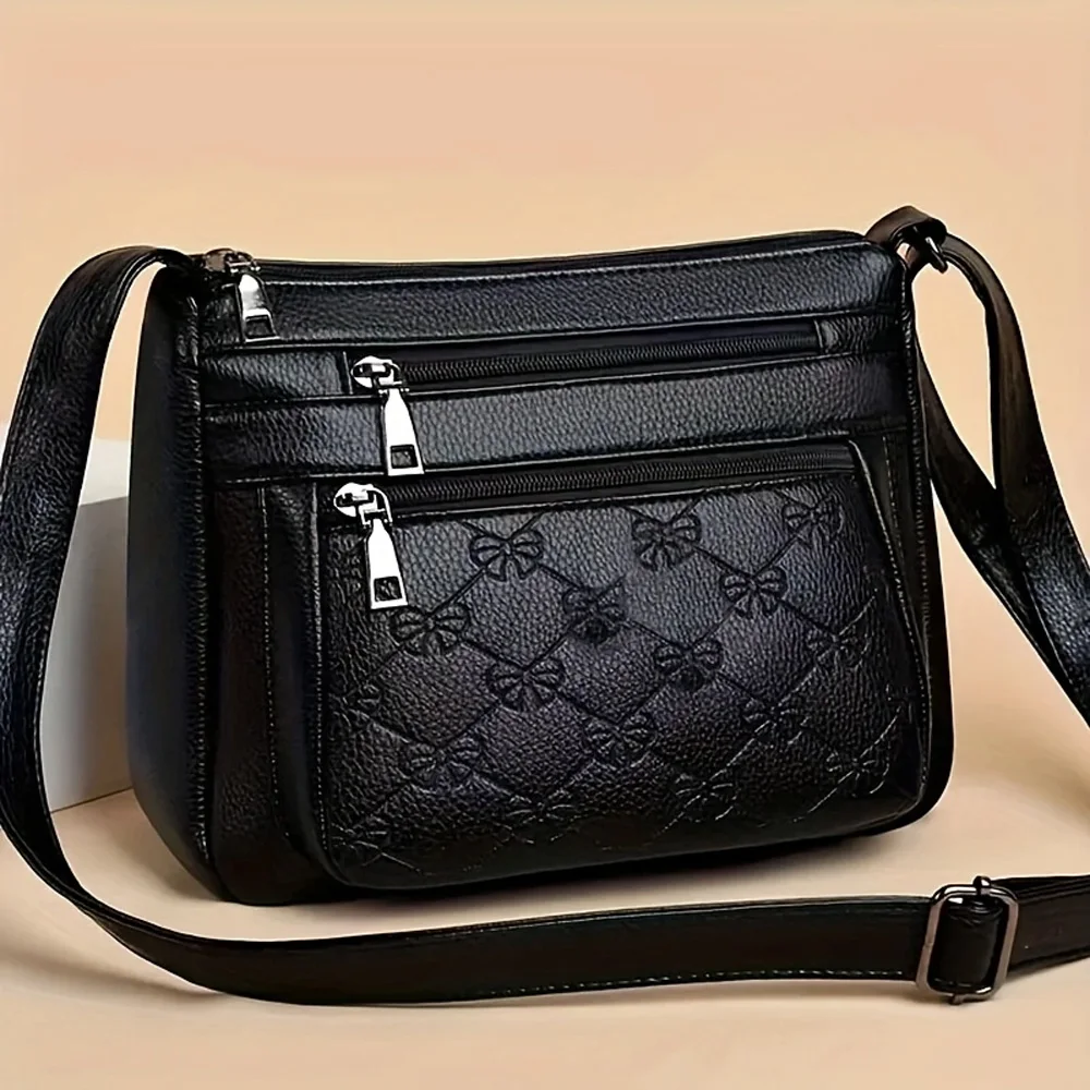Damen Crossbody-Handtasche aus PU-Leder, große Kapazität, mit mehreren Fächern, schwarze geprägte Umhängetasche für Ausflüge und Partys – Detail 5