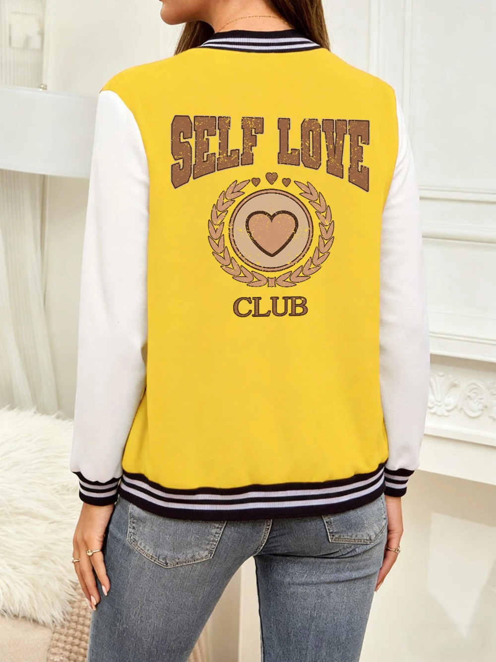 

Self Love Club Heart Letter Printing Coats Womens Cotton Loose Baseball Jersey Fleece Warm Soft Jackets Casual Pocket Clothes