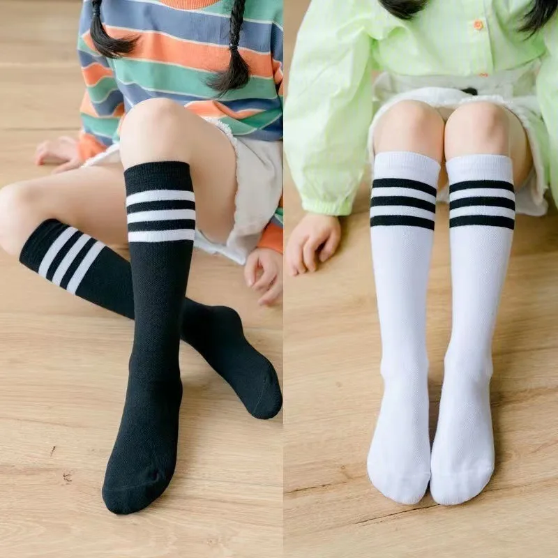 

4 Colors Three-Bar Striped Socks Gilr Knee High Socks Cotton Non-Slip Sweat-Absorbing Deodorant Thigh Overknee Long Socks Women