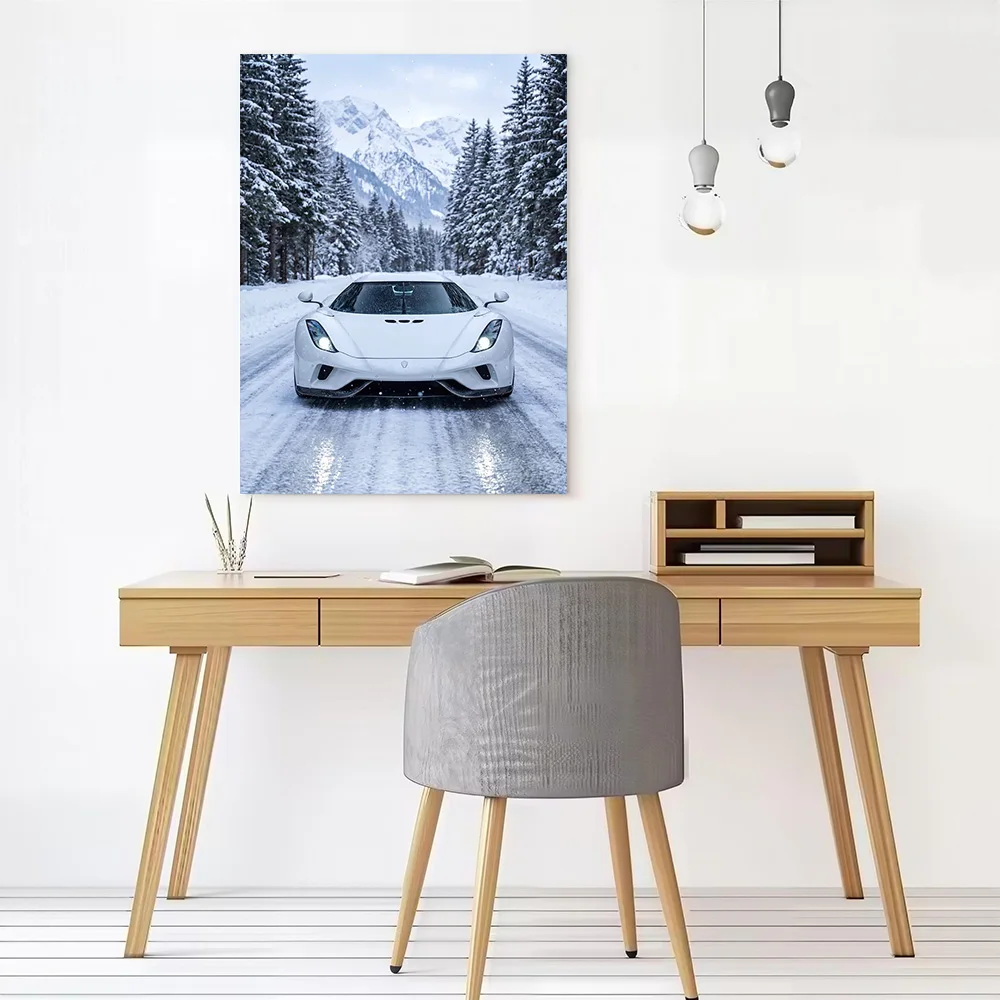 White Supercar Regera Car Snow Printed Canvas Wall Art Customizable Paintings Poster Perfect Gift for Home and Decoration Room