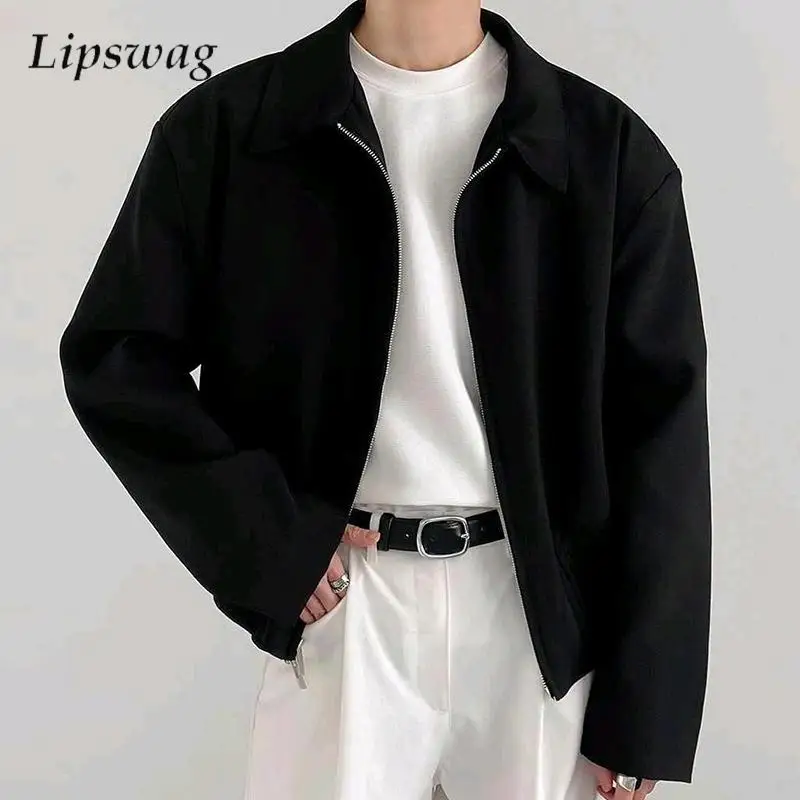 

Fashionable Solid Color Crop Jackets Mens Casual Turn-down Collar Zipper Slim Jacket 2024 Fall Vintage Long Sleeve Men Outerwear