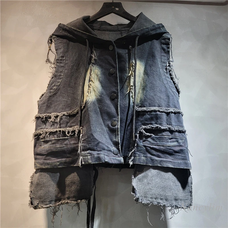 European Style Denim Vest 2024 Autumn New Personality Irregular Rough Edge Hooded Washed Old Casual Denim Waistcoat for Women