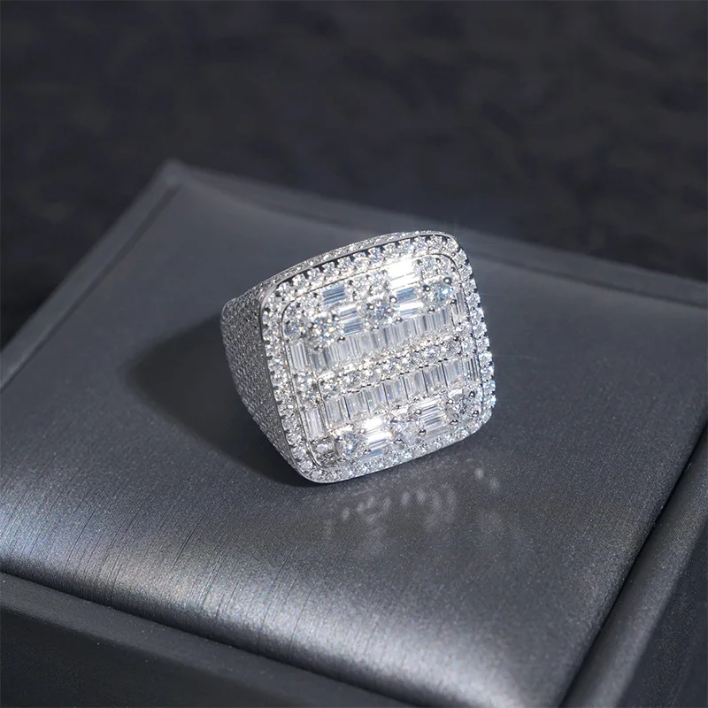 S925 Silvery Baguettes Moissanite Square Ring For Men Women Iced Out high-end Hip Hop Jewelry Pass Diamonds Tester With GRA