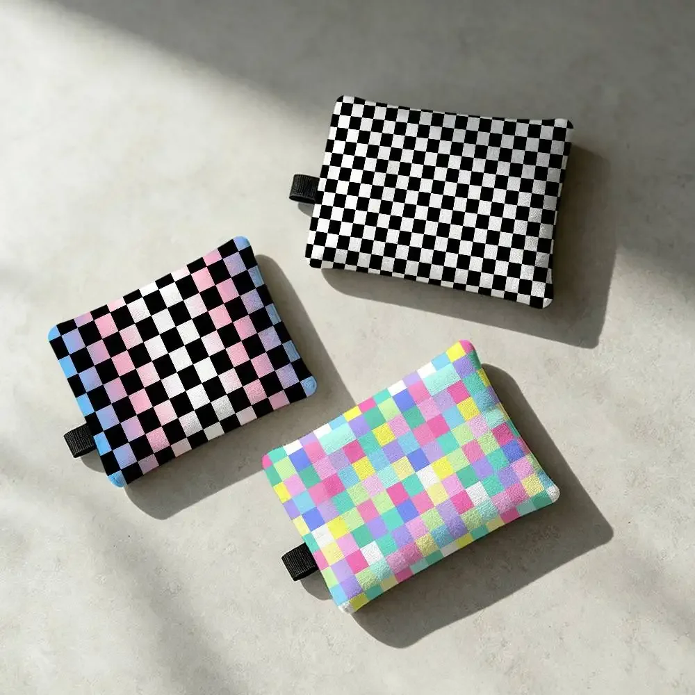 Lattice Checkerboard Pattern Waterproof Zipper Coin Purse Lightweight Hanging Key Pouch Card Holder For Daily Use