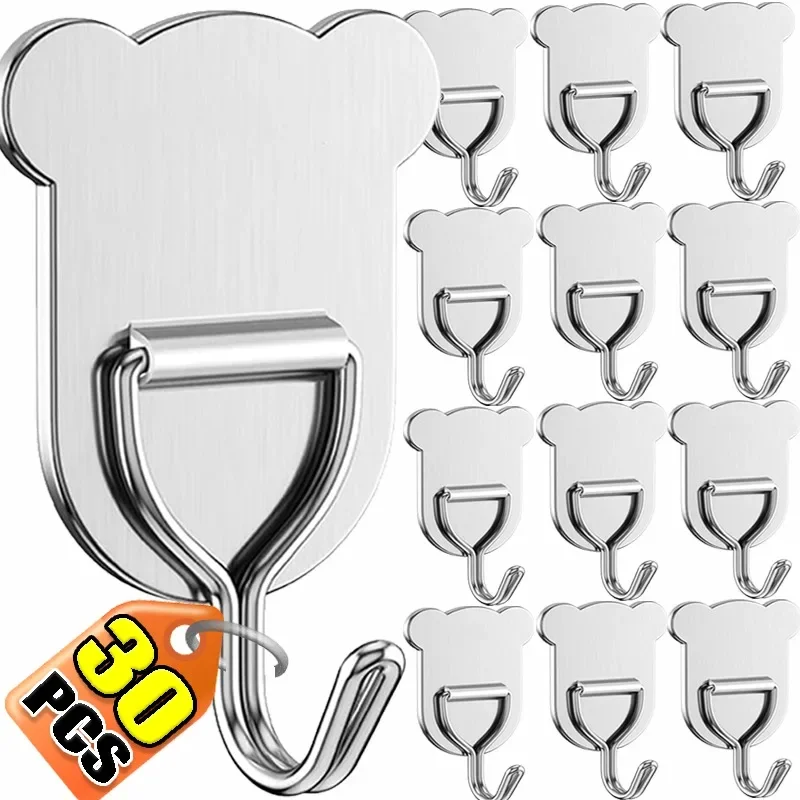 30/2PCS Strong Stainless Steel Hook Square Bear Wall Hooks Heavy Duty Hanger Storage Rack Multi-Purpose Bath Kitchen Organizer