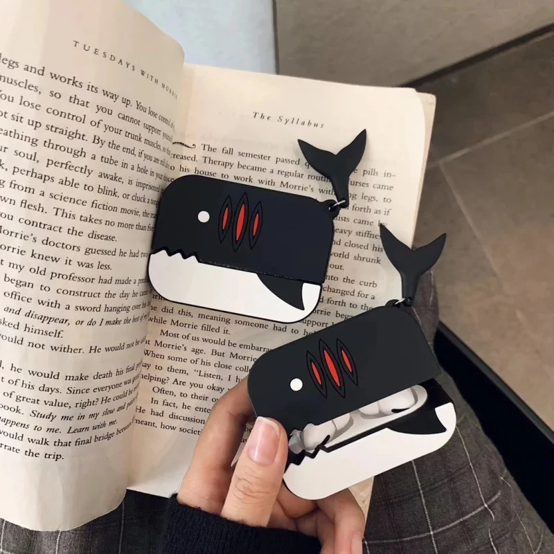 For AirPods 4 3 2 1 Pro Pro2 Earphone Case 3D Black Shark Cartoon Silicone Protective Headphone Box With Pendant Cover