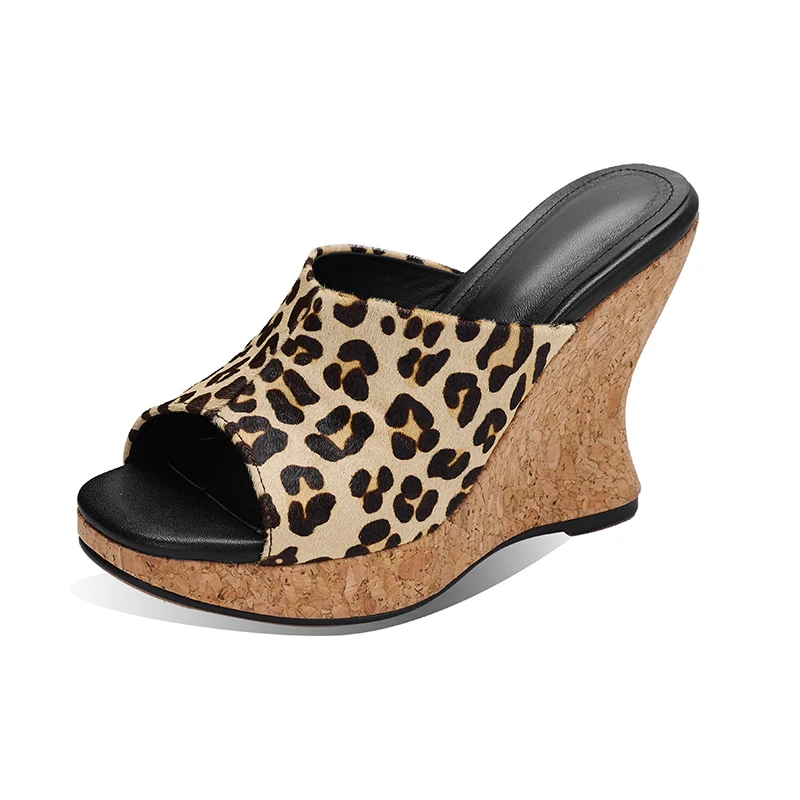 

Genuine Leather Horsehair Womens Wedge Sandals, Platform Open Toe Slip On Summer Leopard Womens Shoes,Fashion High Heels