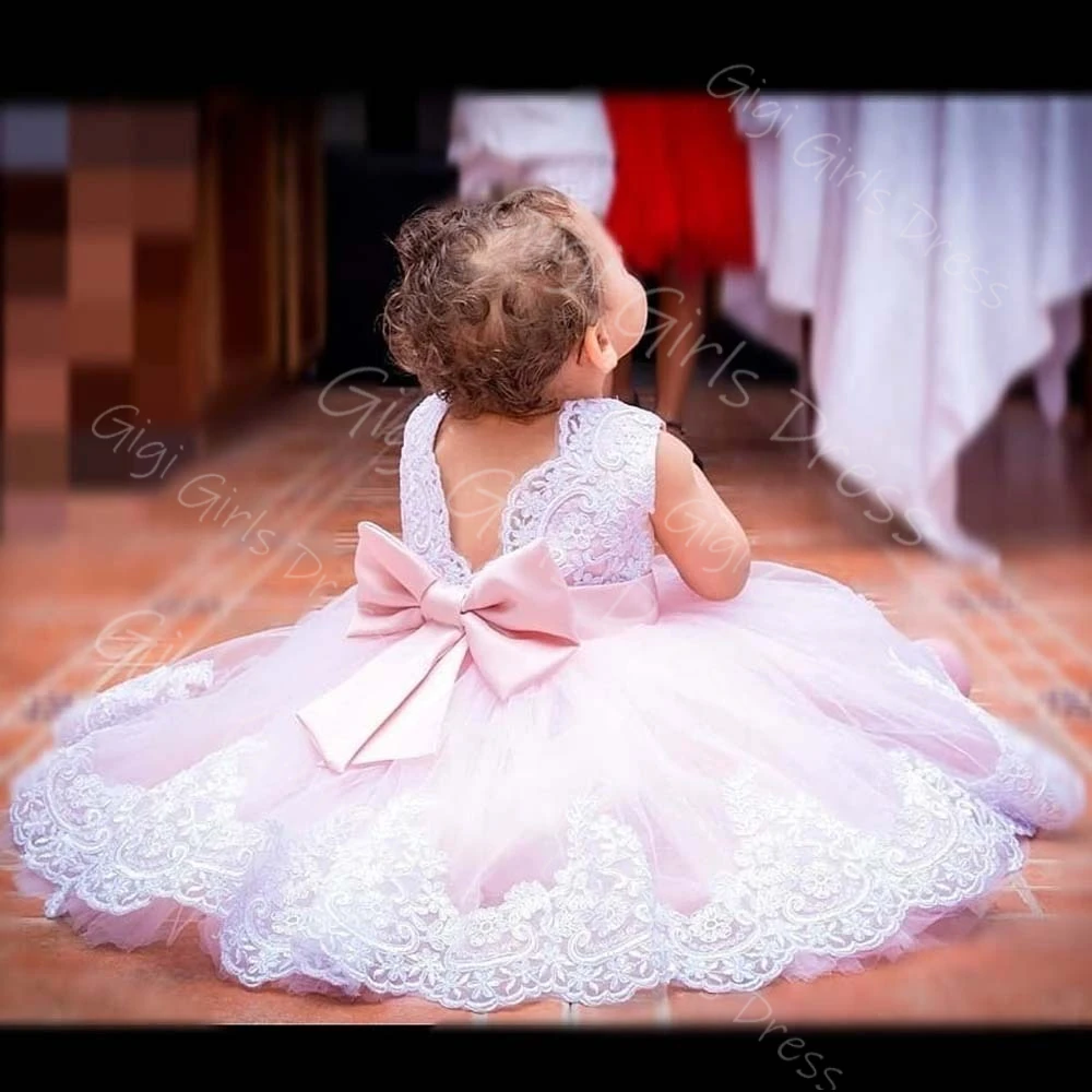 Vestido de menina de flor personalizado para casamento, crianças, renda branca, apliques de tule, princesa, concurso, comprimento de chá, vestido de aniversário