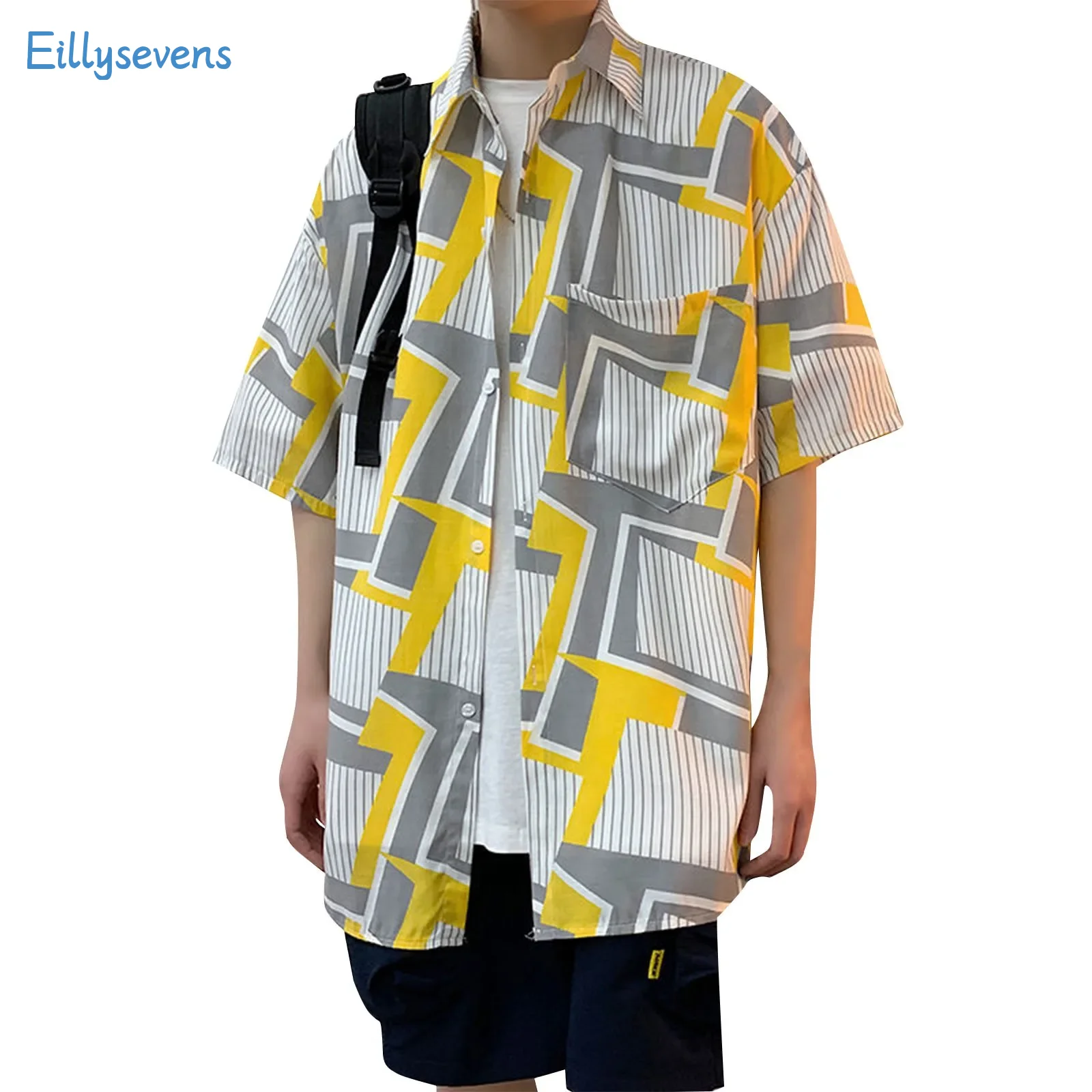 

Men'S Printed Shirts Daily All-Match Lapel Single-Breasted Short-Sleeved Blouse Tops Spring Summer Causal Loose Shirts