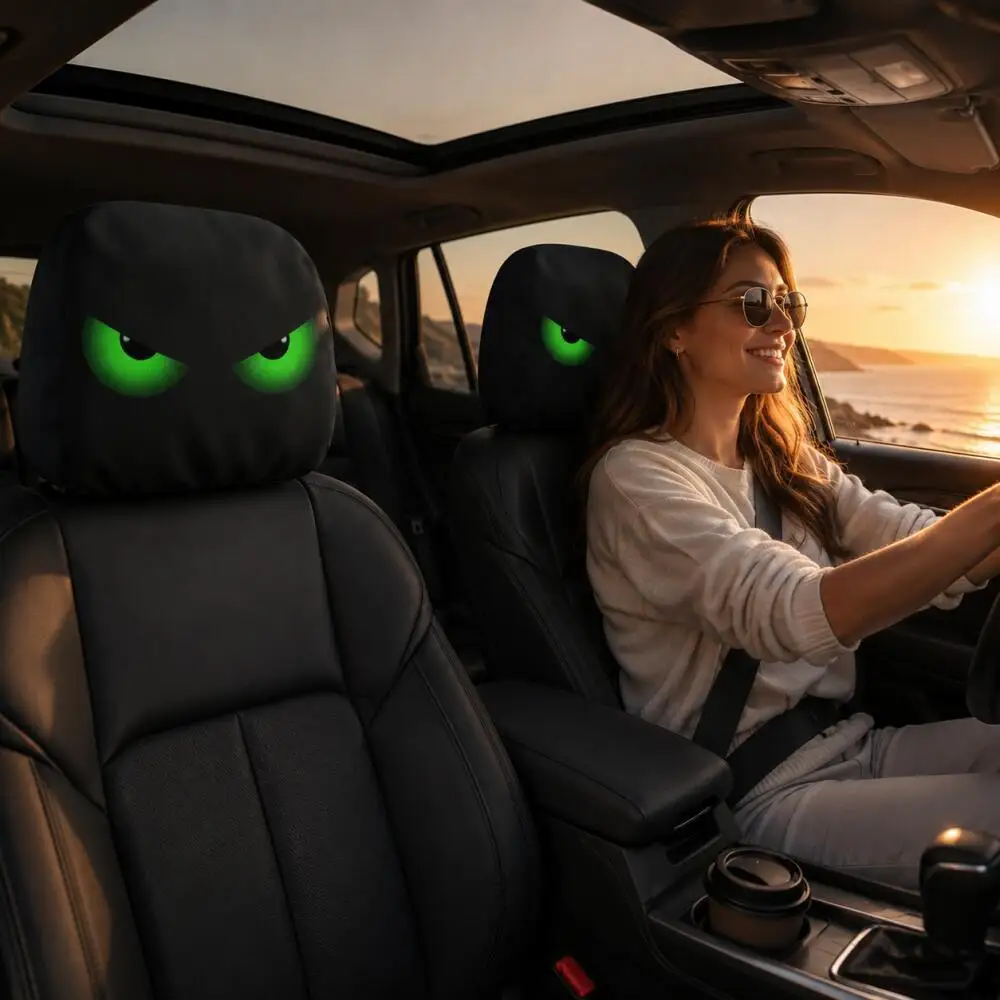 2PCS Glowing Green Evil Eyes Car Headrest Covers, Spooky Horror Style Universal Elastic Car Headrest Protectors
