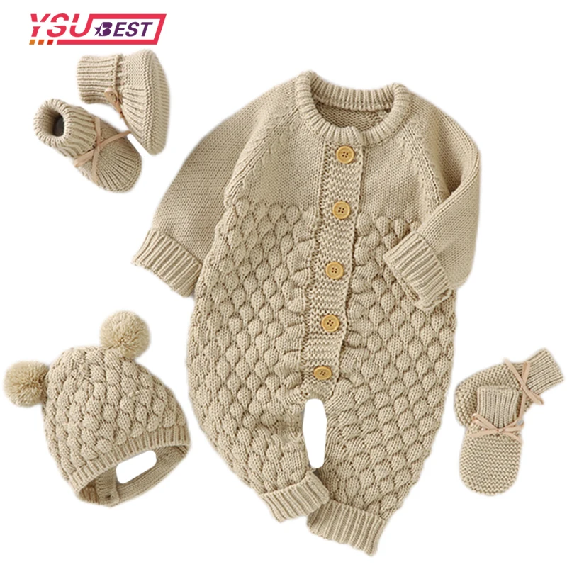 0-24M Newborn Baby Romper Shoes Gloves Set Knit Girl Boy Jumpsuit Boot Mitten Solid Toddler Infant Long Sleeve Knit Clothing