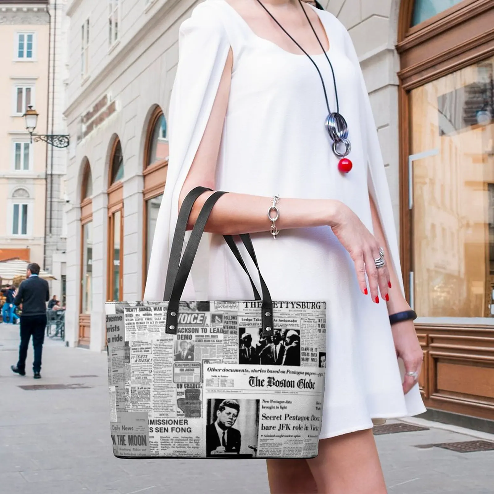 Newspaper Collage Handbags Old American Newspapers PU Leather Shoulder Bag Student Grocery Print Tote Bag Casual Shopper Bags