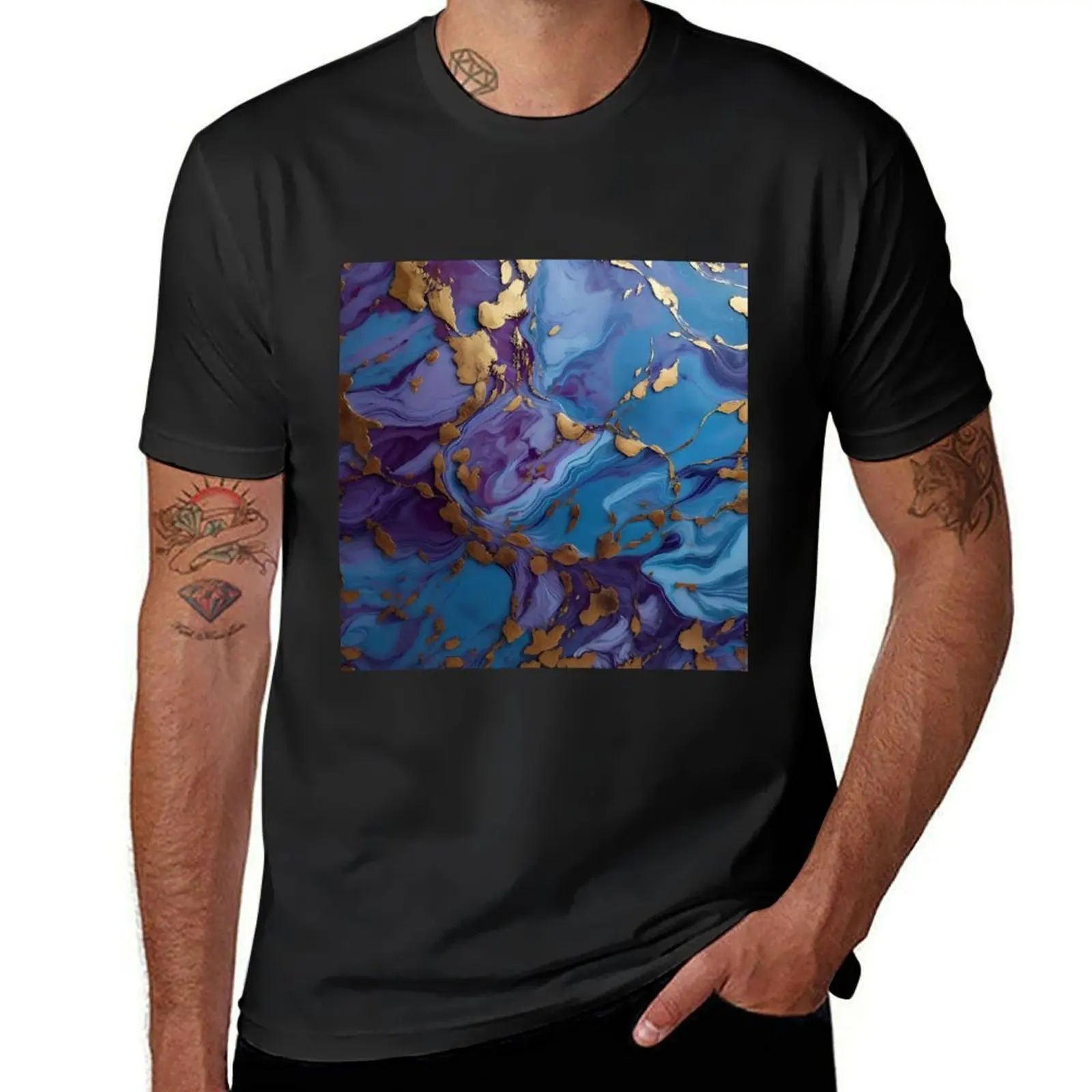 Violet Blue Gold Marble abstract fluid Paint pattern T-Shirt anime korean fashion Men's clothing