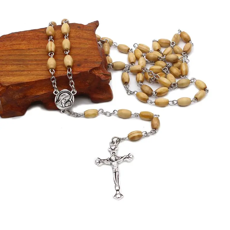 367A Handmade Round Bead Catholic Rosary for Cross Religious Wood Beads Necklace Gift