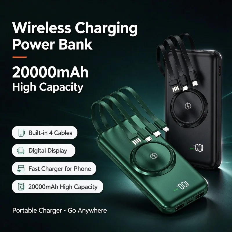 Wireless Power Bank 20000mAh Portable External Battery Built-in 4 Cables Digital Display Fast Charger for iPhone Samsung