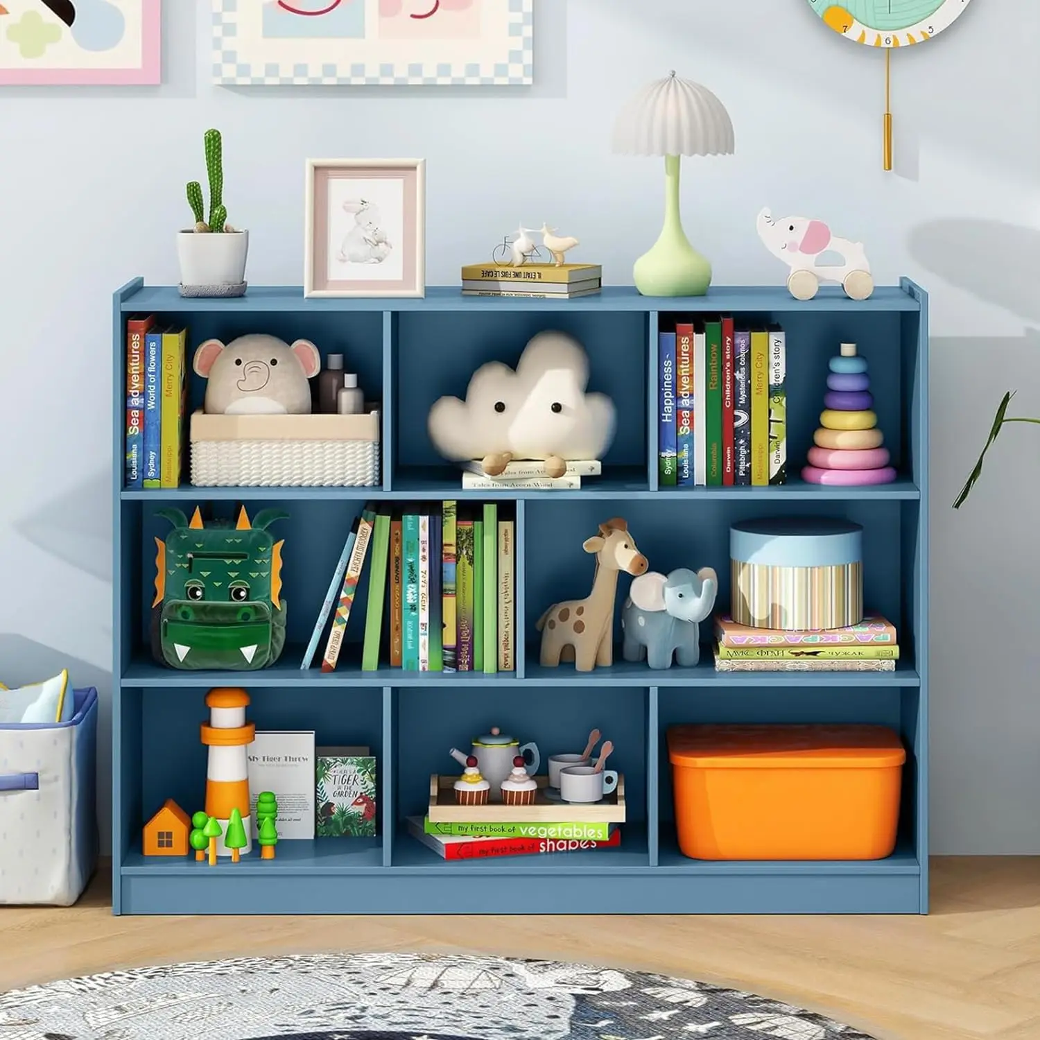 رف كتب خشبي للأطفال مكون من 3 طبقات، منظم تخزين ألعاب 5 مكعبات للحضانة والفصول الدراسية وغرفة المعيشة (أزرق)