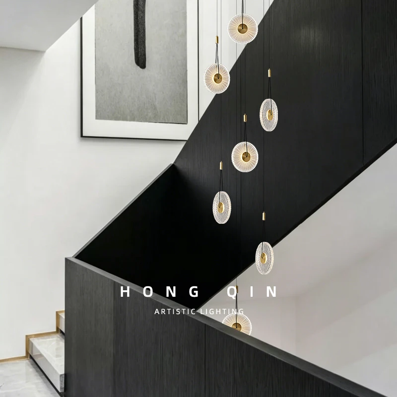 

Stairs Chandelier Acrylic Design Luxury Villa High Ceiling Pendent Light Rotating Staircase Hanging Lights Lighting Minimalist