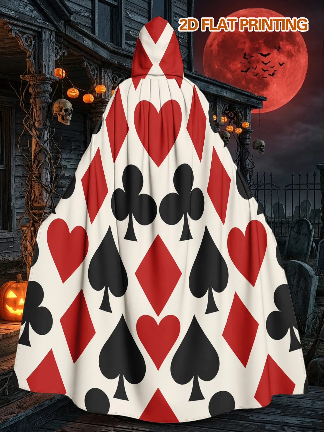 Customization 1pc, Full Length Polyester Hooded Cloak With Playing Card Symbols Print, Adult Costume Robe For Halloween And Chri