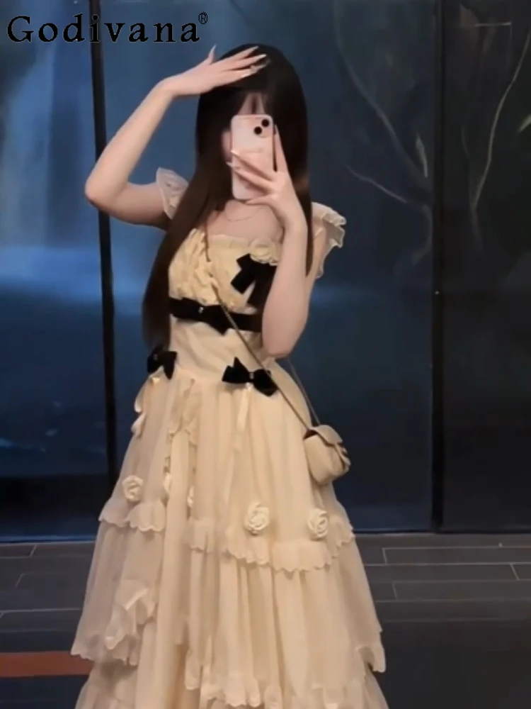 

Elegant Lady Japanese Original Lolita Bow Long Dress Birthday Coming-of-Age Sweet Cute Girl JSK Strap Dress