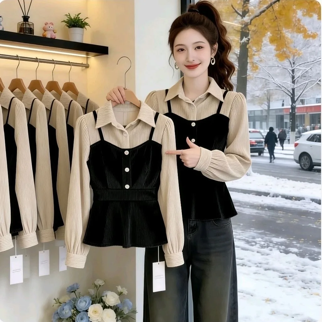 

Elegant Long Sleeve Shirt Women's Fashionable Patchwork Versatile Spring Autumn Stylish Personality Collar Button up Top