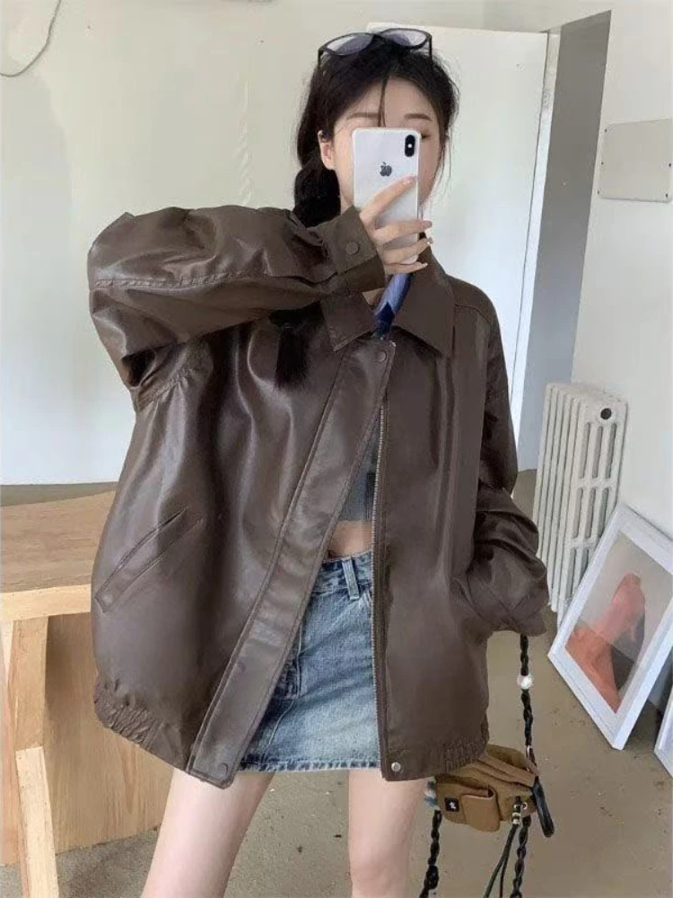 2025 Faux Leather Jacket Women American Vintage Solid Pu Loose Casual Biker Outwear Streetwear Coats Woman