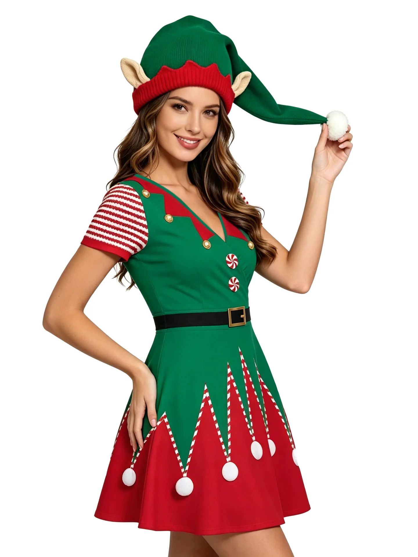 Weihnachts-Elfenkostüm für Damen, kurzärmelig, V-Ausschnitt, Taillengürtel, bedruckter ausgestellter Rock, Weihnachtsfeier, festliches Party-Cosplay-Kleid, Outfit 2026 – Detail 8