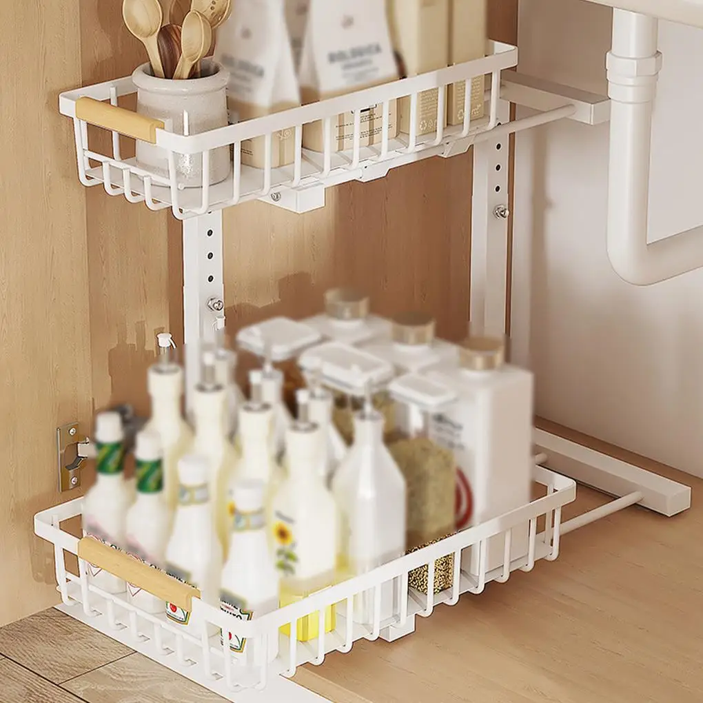 Under Sink 2 Tier Sliding Cabinet Basket Organizer for Bathroom Kitchen Drawer Pull Out Cabinet Multi-Purpose Sink Organizer