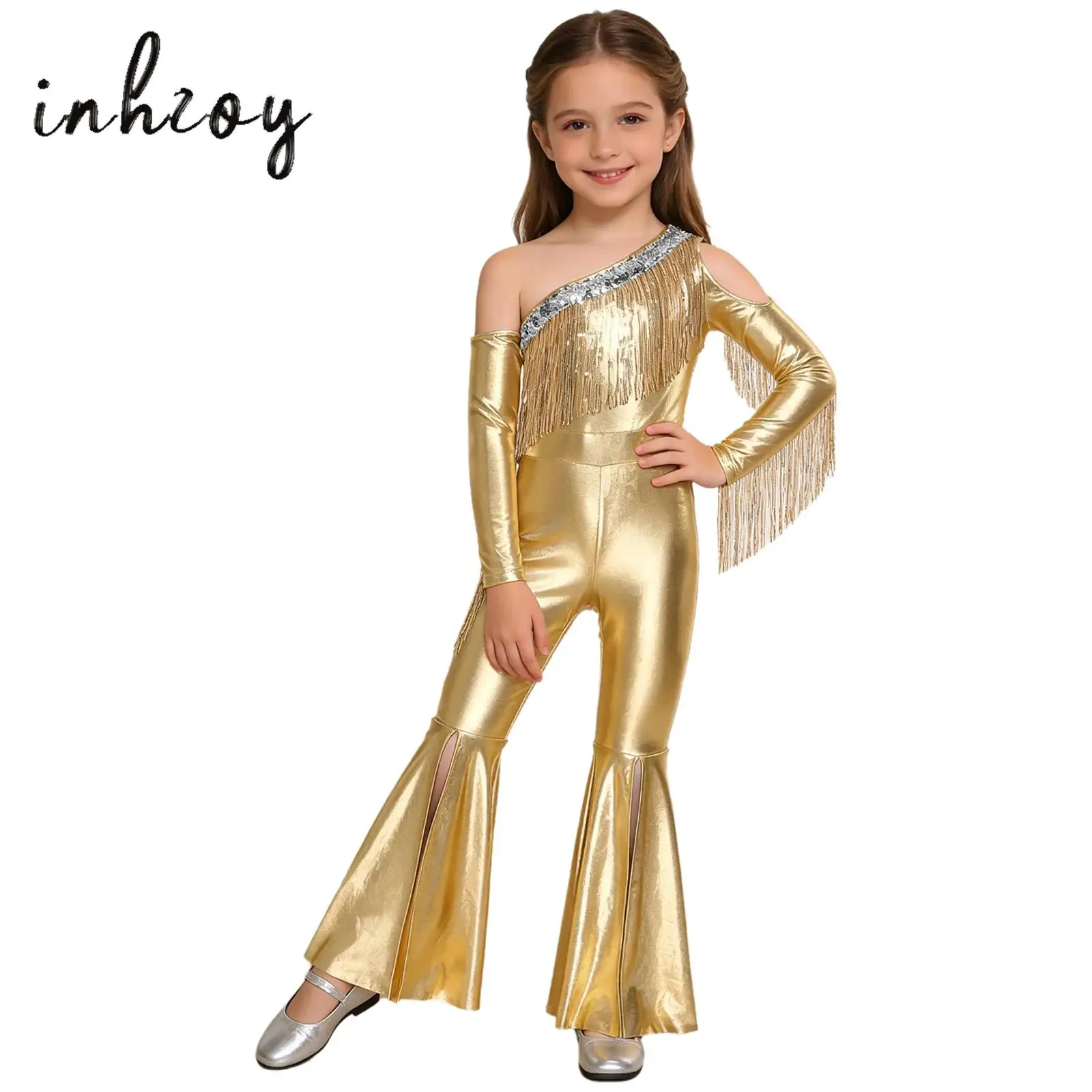 

Детская одежда для джазовых дискотечных танцев для девочек, блестящие комбинезоны с открытыми плечами и длинными рукавами, блестками, комбинезон с кисточками и разрезом на ногах