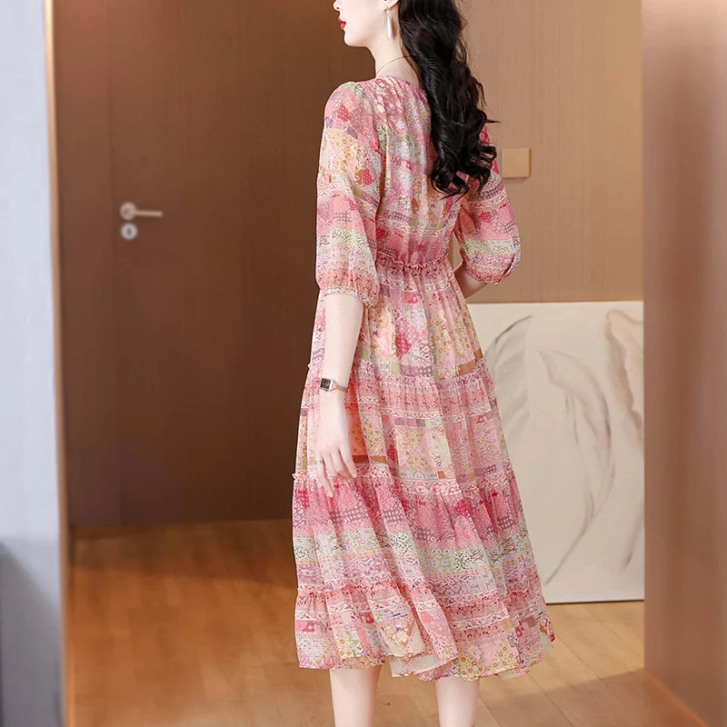 2025 Summer Print Silk Beach Midi Sundress Women Boho Fashion Casual Light Dress Spring Korean Elegant Luxury Festival Vestidos