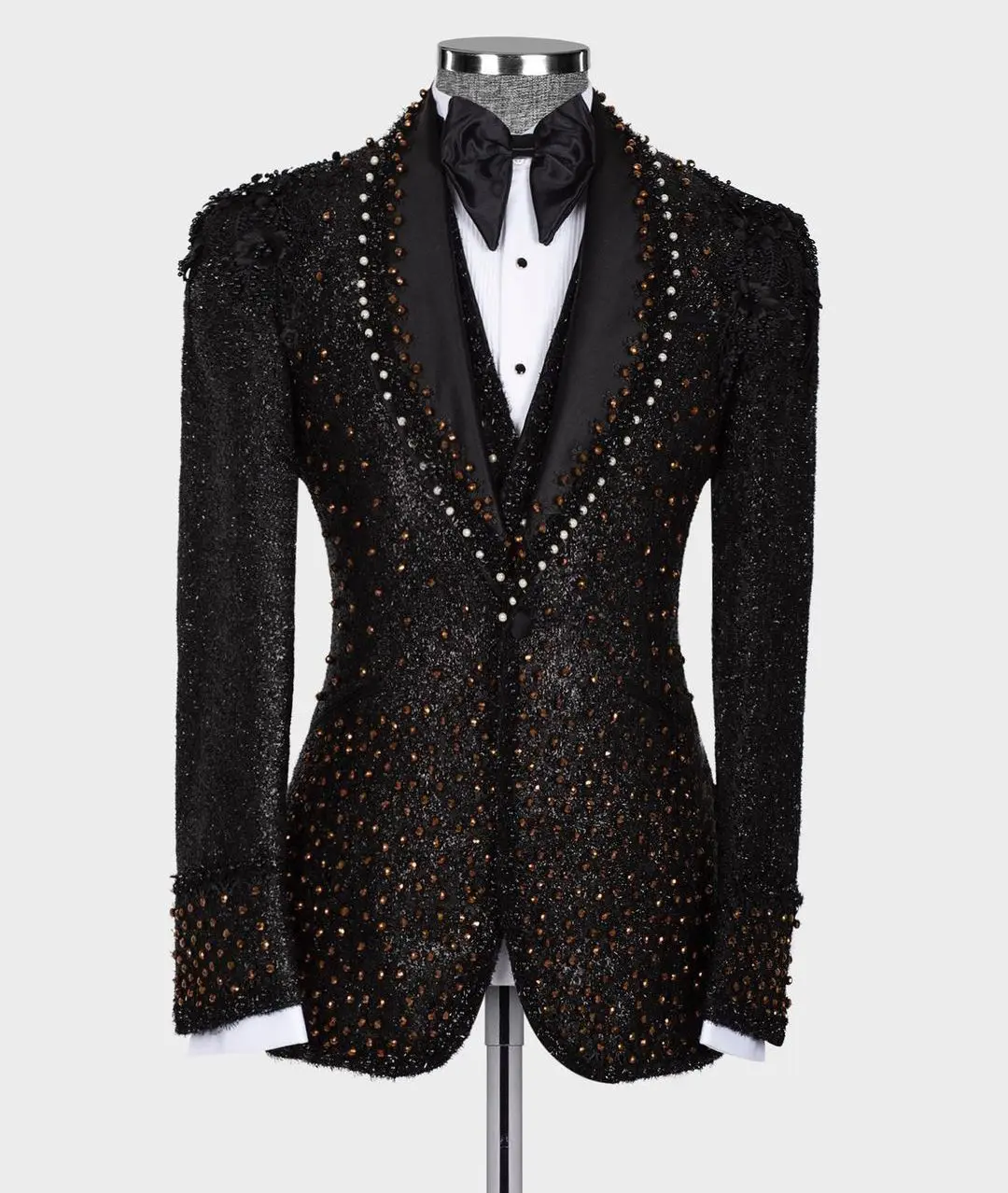 Exquisite 2 Pieces Blazer Vest Men Suits Sequins Beads Diamonds One Button Sheer Lapel Formal Party Wedding Plus Size Tailored