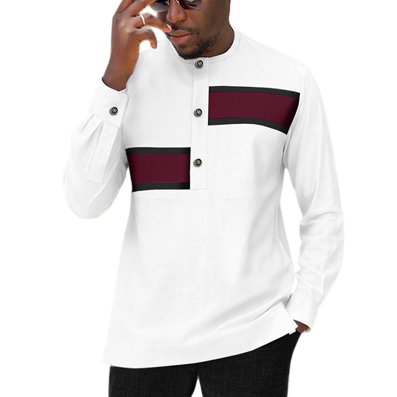 Men's African Shirt Dashiki Print Long Sleeve Top Kente Stand - up Collar Blouse Wedding Casual