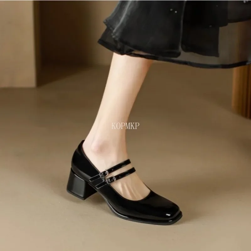 Spring Autumn Women Double Buckle Mary Janes Shoes Patent Leather Dress Shoes High Heels Pumps Retro Lady Shoe Zapatos De Mujer