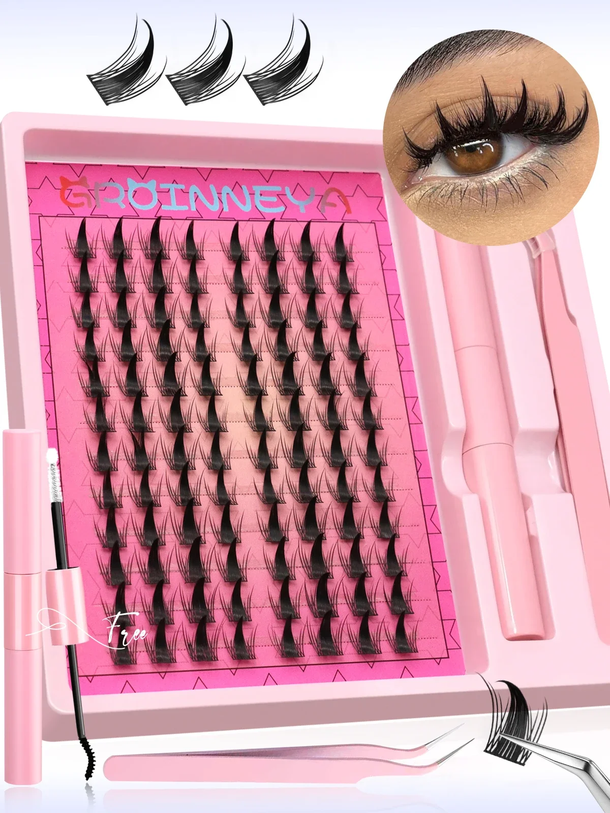 GROINNEYA Kit de grappes de cils Extension de cils pointus Volume moelleux bricolage cils en grappe épais cils individuels maquillage à la maison