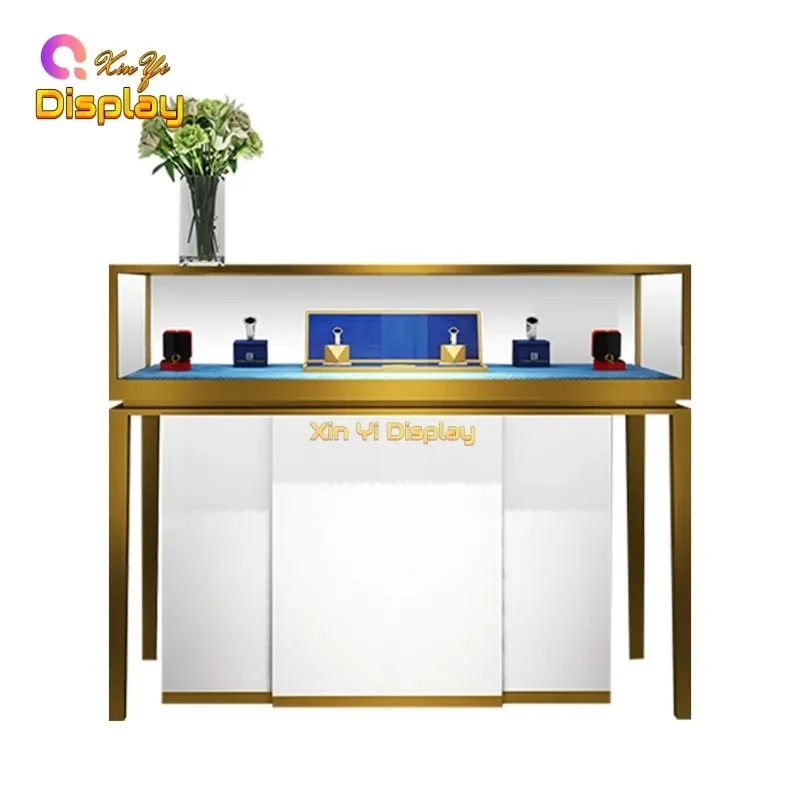 custom.Luxury Modern Rectangle Brushed Stainless Steel Tempered Glass White Jewelry Showcase Mirror Back Eco-Friendly Adjustable